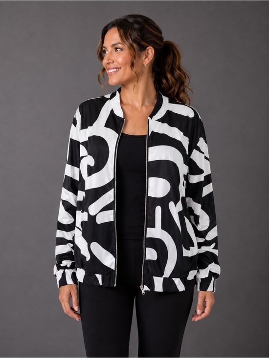 Jackets & Blazers - New Black & White Abstract Print Zip-Up Bomber Jacket